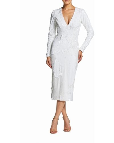 Dress the Population Elizabeth Plunging Sequin Midi Long Sleeve Sheath Dress Dress - White
