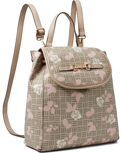 Anne Klein Flap Backpack With Floral Overlay - Natural