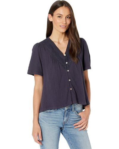Lucky Brand Flutter Sleeve Button Up Embroidered Boho Blouse - Blue