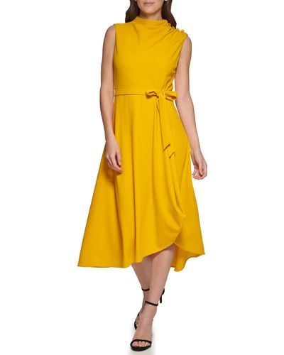 DKNY Midi Length Jewel Neck Tie Waist Dress - Yellow