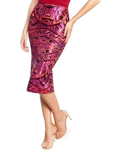Dress the Population S Nola Sequin Placement Midi Business Casual Skirt - Red