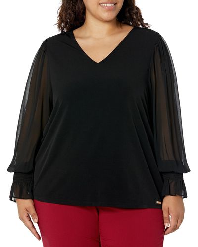 Calvin Klein Plus Size Everyday Matte Jersey Smocked Cuff Long Sleeve Blouse - Black