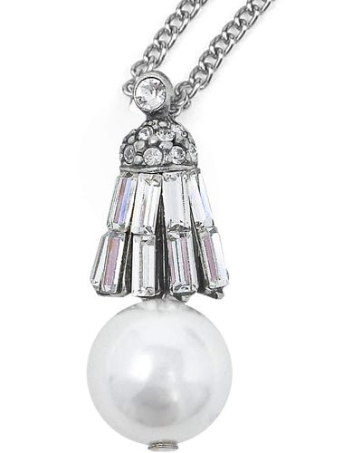 Ben-Amun Deco Pearl Drop With Swarovski Crystal Pendant Silver Necklace - White