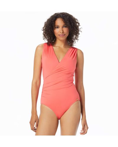 Vince Camuto Standard Shirred Surplice One Piece - Pink