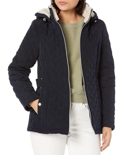Laundry by Shelli Segal Short Quilted Jacket Zipper Front Faux Shearling Detachable Hood Side Pocket 26" Coat - Blue