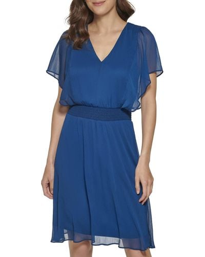 DKNY Smocked Waist V Neck Flutter Sleeve Dress - Blue