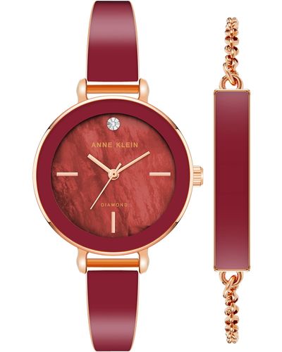 Anne Klein Genuine Diamond Dial Bangle Watch With Bracelet Set - Red