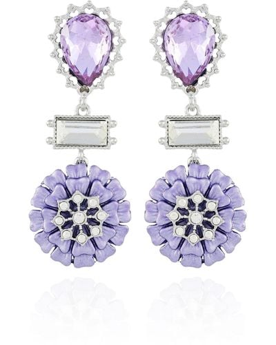 Guess Floral Violet Tanzanite And Baguette Silvertone Drop Earrings - Purple