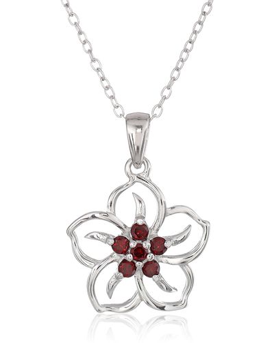 Amazon Essentials Sterling Silver Genuine Garnet Flower Pendant Necklace - White
