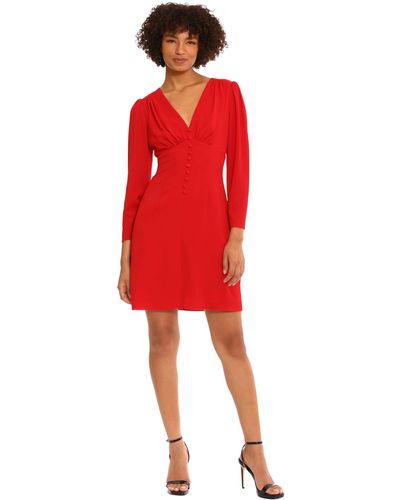 Donna Morgan Empire Waist Seamed Long Sleeve Dress With Non-functioning Buttons Date Night Out Guest Of - Red