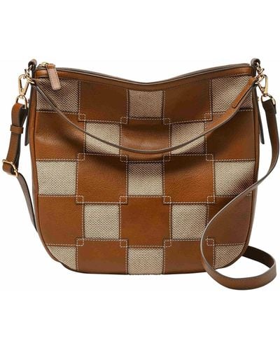 Fossil Jolie Leather & Fabric Hobo Purse Handbag - Brown