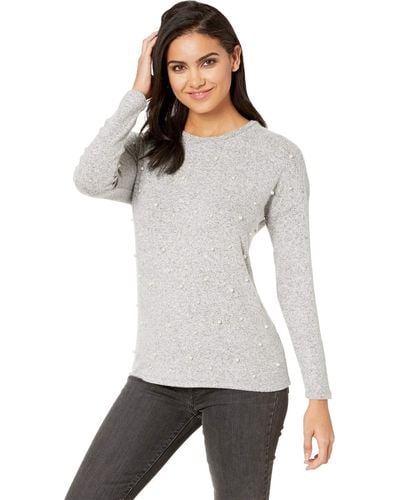 Kensie Plush Touch Pearl Long Sleeve Top - White
