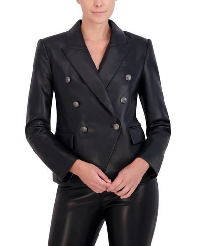 BCBGMAXAZRIA Long Sleeve V Neck Double Breasted Leather Blazer Jacket - Black