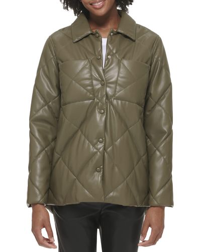 Calvin Klein Faux Leather Button Front Quilted Jacket - Green