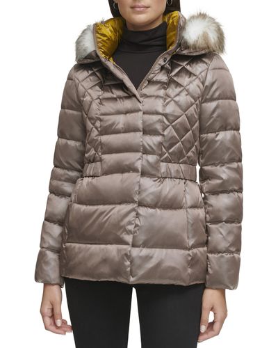 Kenneth Cole Mixed Quilted Irridescent Cire Puffer - Brown