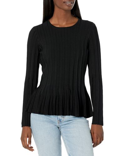 BCBGMAXAZRIA Long Sleeve Crew Neck Pullover Peplum Sweater Top - Black