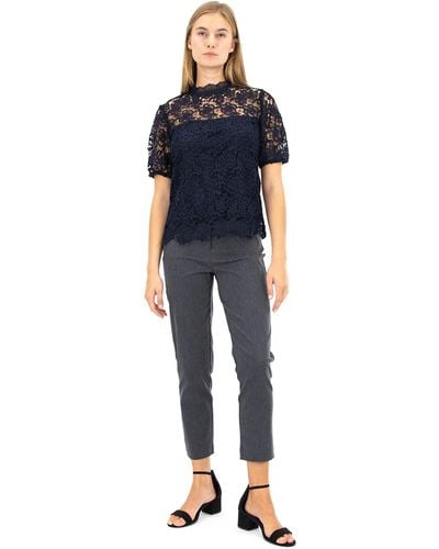 Nanette Lepore Short Sleeve Mockneck Embroidered Lace Top With Exposed Zipper - Blue
