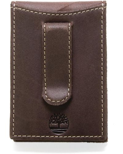 Timberland Mens Slim Leather Front Pocket Credit Card Holder Travel Accessory Bi Fold Wallet - Brown