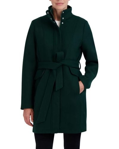 Laundry by Shelli Segal 3/4 Faux Wool Coat Snap Placket Zipper Front Tie Waist Belt 34" Jacket - Green