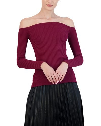 BCBGMAXAZRIA Fitted Ribbed Sweater Off The Shoulder Long Sleeve Sculpted Neck Top - Purple