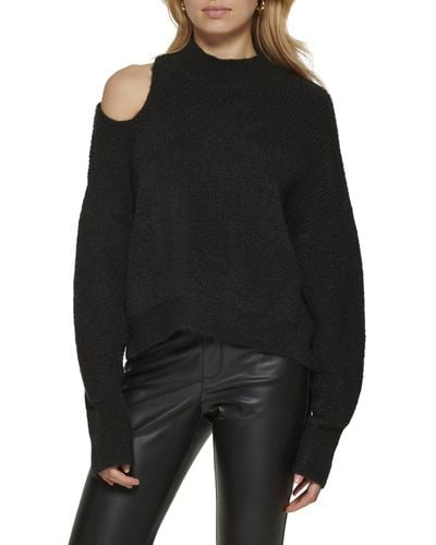 DKNY Cold-shoulder Ribbed Long Sleeve Sweater - Black