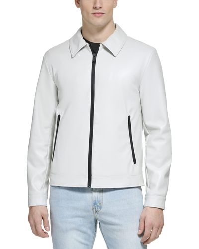 DKNY Faux Leather Classic Laydown Collar Bomber Jacket - White