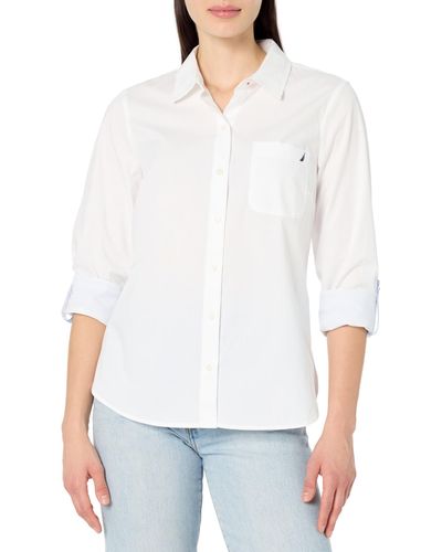 Nautica Button Front Long Sleeve Roll Tab Shirt - White