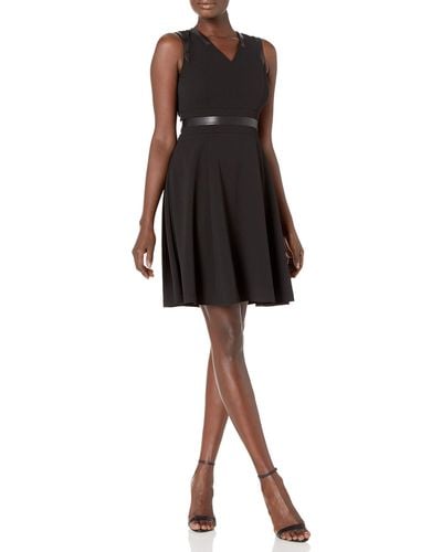 Calvin Klein V-neck Fit And Flare With Faux Leather Trim Dress - Black