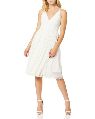 Dress the Population Womens Alicia Plunging Mix Media Sleeveless Fit And Flare Midi Dress - White