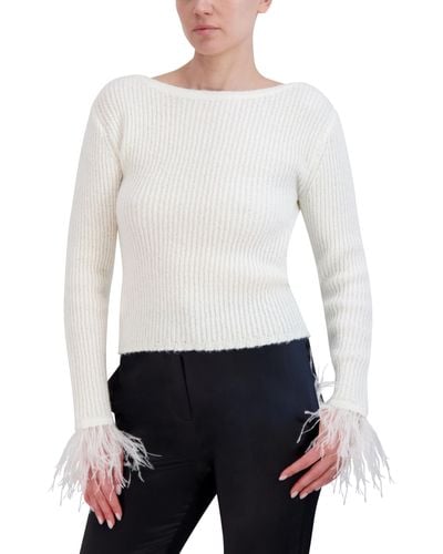 BCBGMAXAZRIA Boat Neck Long Sleeve Feather Cuff Sweater Top - White