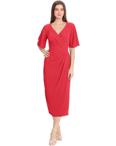 Maggy London Short Flutter Sleeve Faux Wrap Midi Dress - Red
