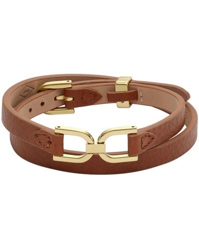 Fossil Stainless Steel & Leather Heritage D-link Brown Double Wrap Bracelet