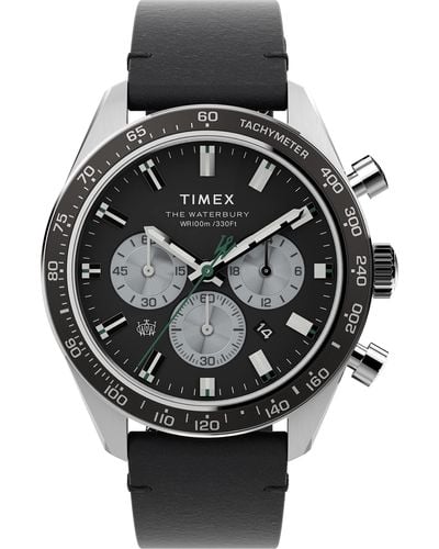 Timex 's Waterbury Diver Chronograph Automatic 41mm Watch – Black Dial Stainless Steel Case With Black Leather