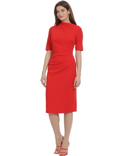 Maggy London Side Pleat Dress With Asymmetric Neck And Elbow Sleeves - Red