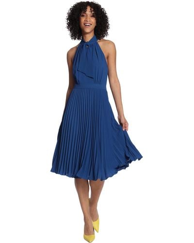 Maggy London Halter Neck With Tie And Pleated Skirt - Blue