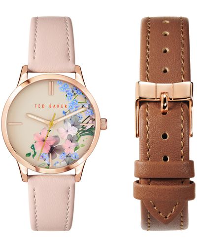 Ted Baker Ladies Box Set Pink & Tan/blue Leather Strap Watch