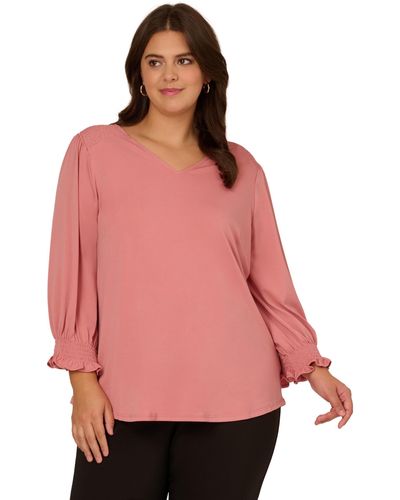 Adrianna Papell Plus Size 3/4 Smocked Sleeve Solid Top - Pink