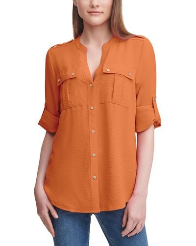 Calvin Klein Rayon With Pockets Roll Sleeve Button Up Blouse - Orange