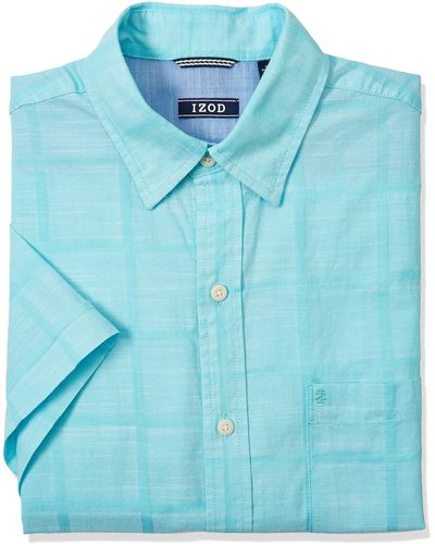 Izod Mens Saltwater Short Sleeve Windowpane Button Down Shirt - Blue