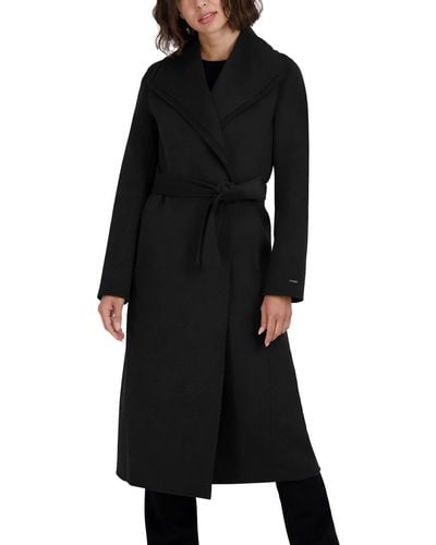 Tahari Womens Maxi Double Face Wool Blend Wrap Coat Jacket - Black