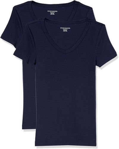 Amazon Essentials Camiseta de Cuello en Pico de ga Corta y Ajuste Entallado Mujer - Azul