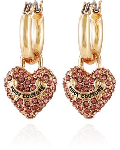 Juicy Couture Goldtone Huggie Hoop With Pave Pink Rhinestone Heart Charm Dangle Earrings - Metallic