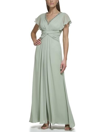 Eliza J Gown Style Twist Waist Chiffon Flutter Sleeve Beaded Vneck Dress - Green