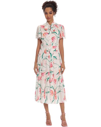 Donna Morgan Floral Printed Short Sleeve Midi With Pleated Skirt And Neck Tie - Multicolor