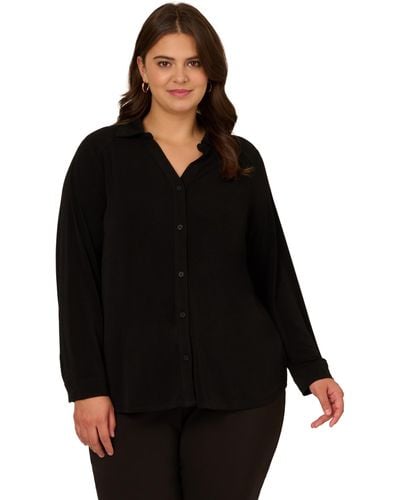 Adrianna Papell Plus Size Knit Button Front V-neck - Black