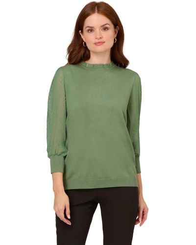 Adrianna Papell Clip Dot Sleeve Twofer Sweater - Green