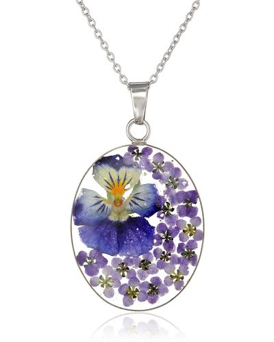 Amazon Essentials Sterling Silver Multi Pressed Flower Oval Pendant Necklace - Multicolor