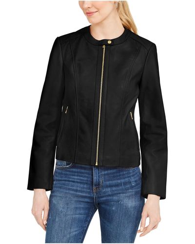 Cole Haan Leather Collarless Jacket - Black