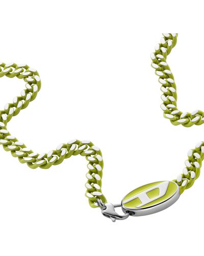 DIESEL Silver Stainless Steel And Yellow Lacquer Logo Chain Necklace - Green