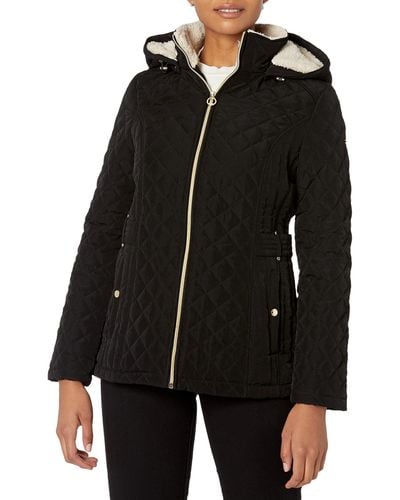 Laundry by Shelli Segal Short Quilted Jacket Zipper Front Faux Shearling Detachable Hood Side Pocket 26" Coat - Black